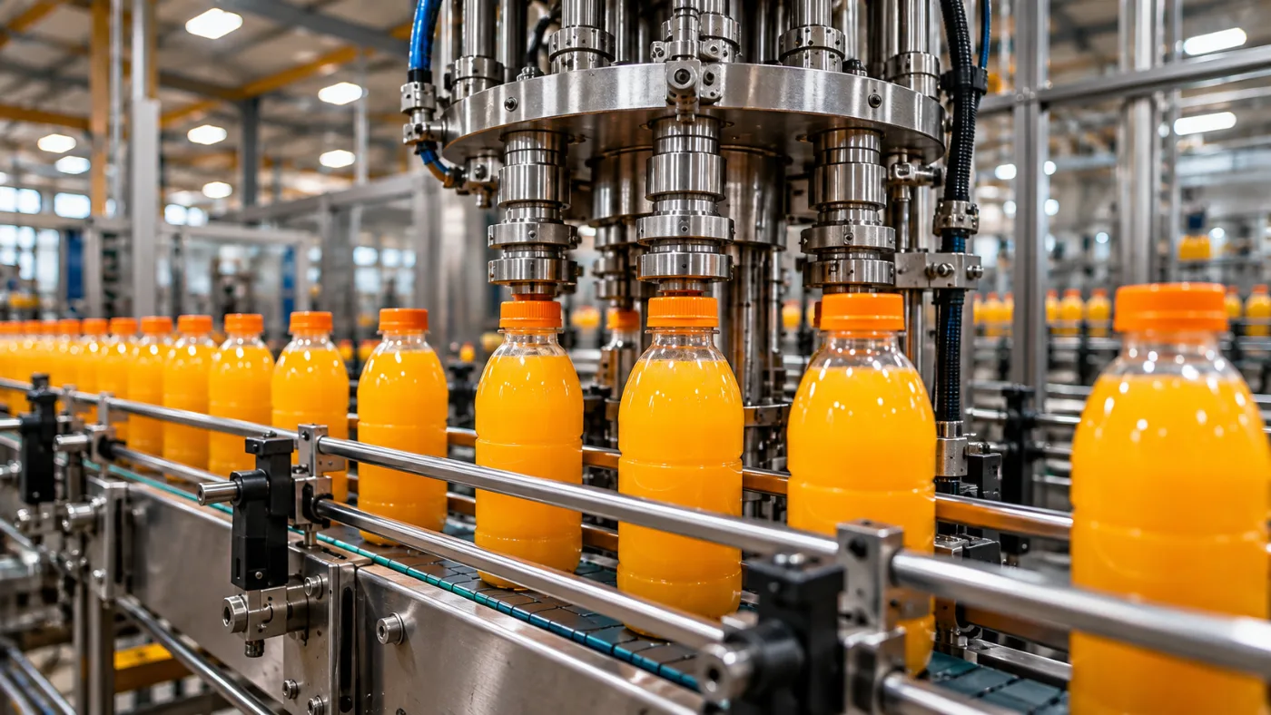 Línea de envasado de bebidas en planta industrial