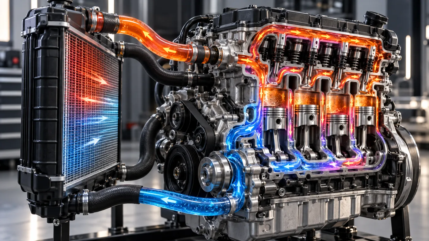 Circuito de refrigeración de un motor con radiador y flujo de refrigerante caliente y frío