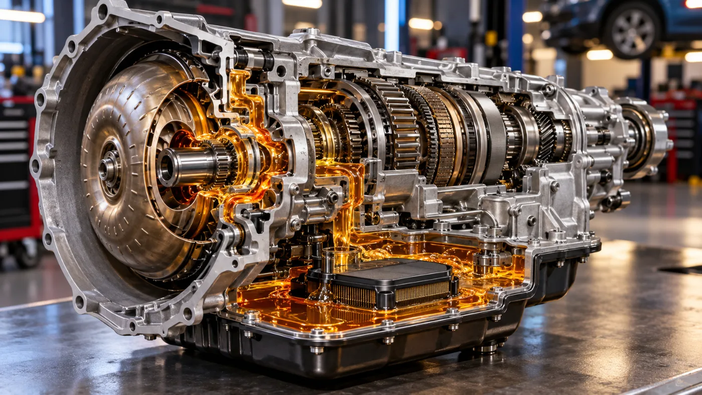 Corte de una caja de transmisión automática con el fluido lubricante circulando por su interior