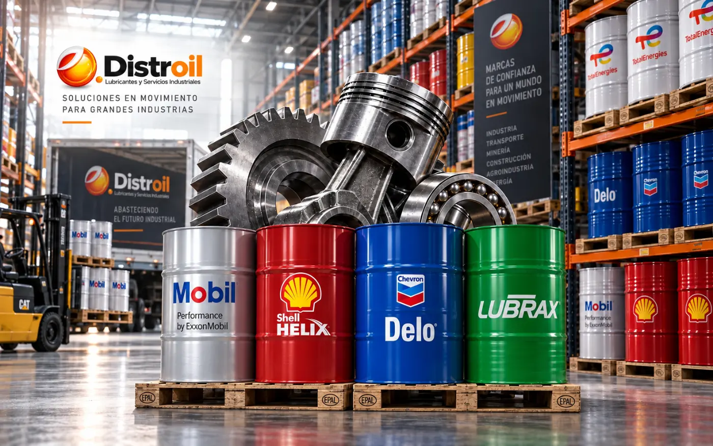 Tambores de lubricantes Mobil, Shell, Chevron y Lubrax con piezas de motor en la bodega de Distroil