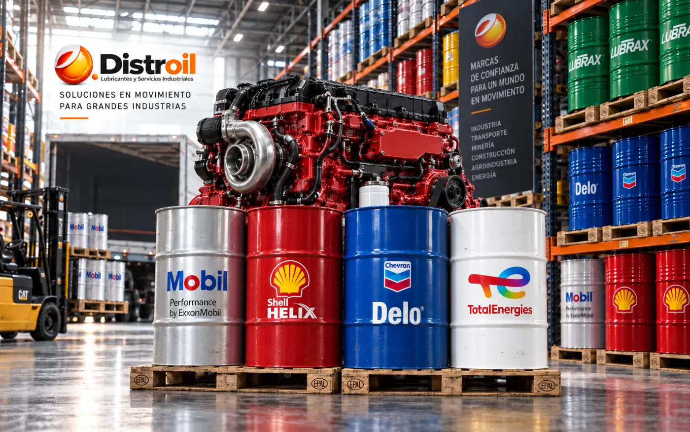 Motor diésel y tambores de lubricantes Mobil, Shell, Chevron y TotalEnergies en la bodega de Distroil