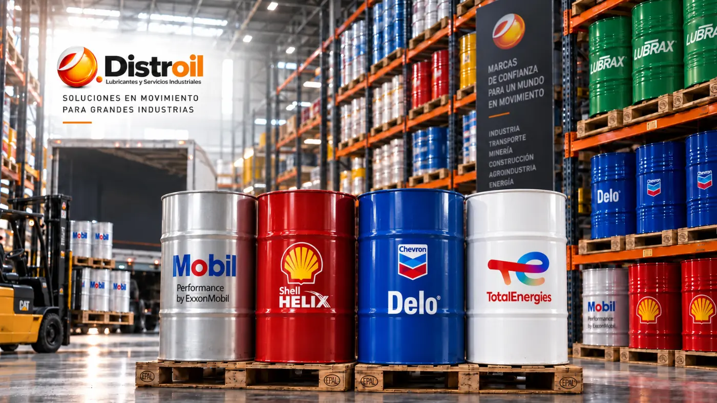Tambores de lubricantes Mobil, Shell, Chevron y TotalEnergies en la bodega de Distroil